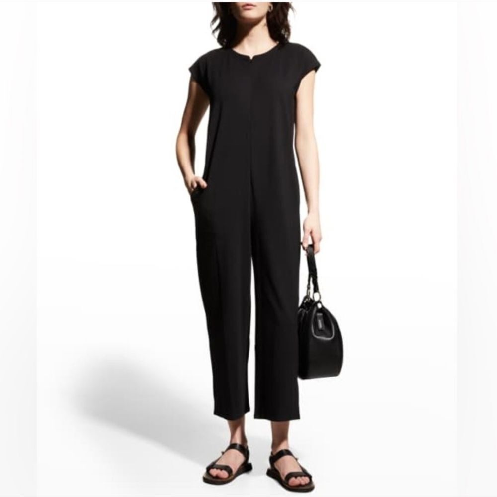 Eileen Fisher Black Cap Sleeve Zip Front Ponte Lantern Jumpsuit Size L